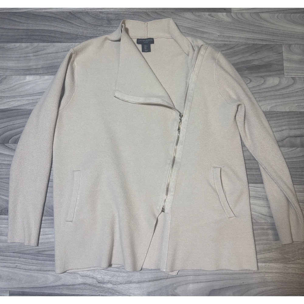 Cynthia Rowley Active Cream Asymmetrical Zip Moto Cardigan Sweater Beige Large